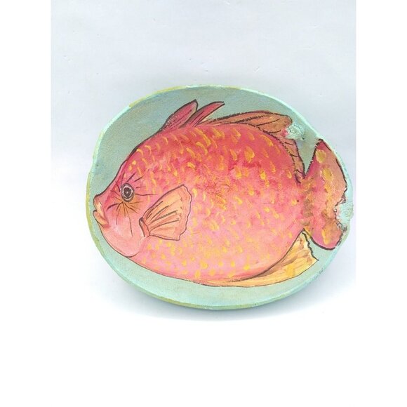 Hand Painted Coconut Shell W/Tropical Orange Fish Signed Beach House Decor - Picture 1 of 9